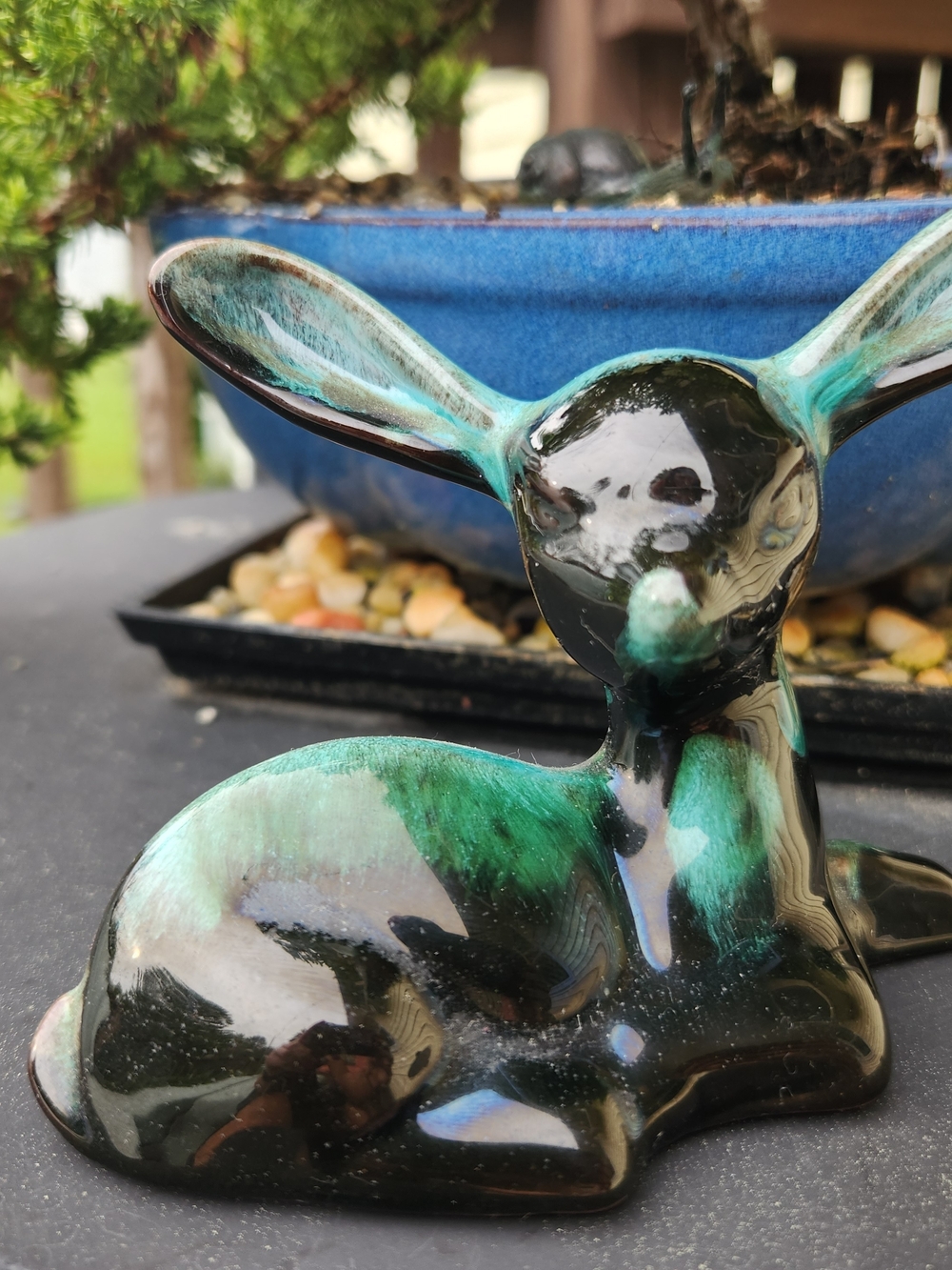 Blue Mountain Pottery Ceramic Green and Black Deer Figurine - Home Art Décor